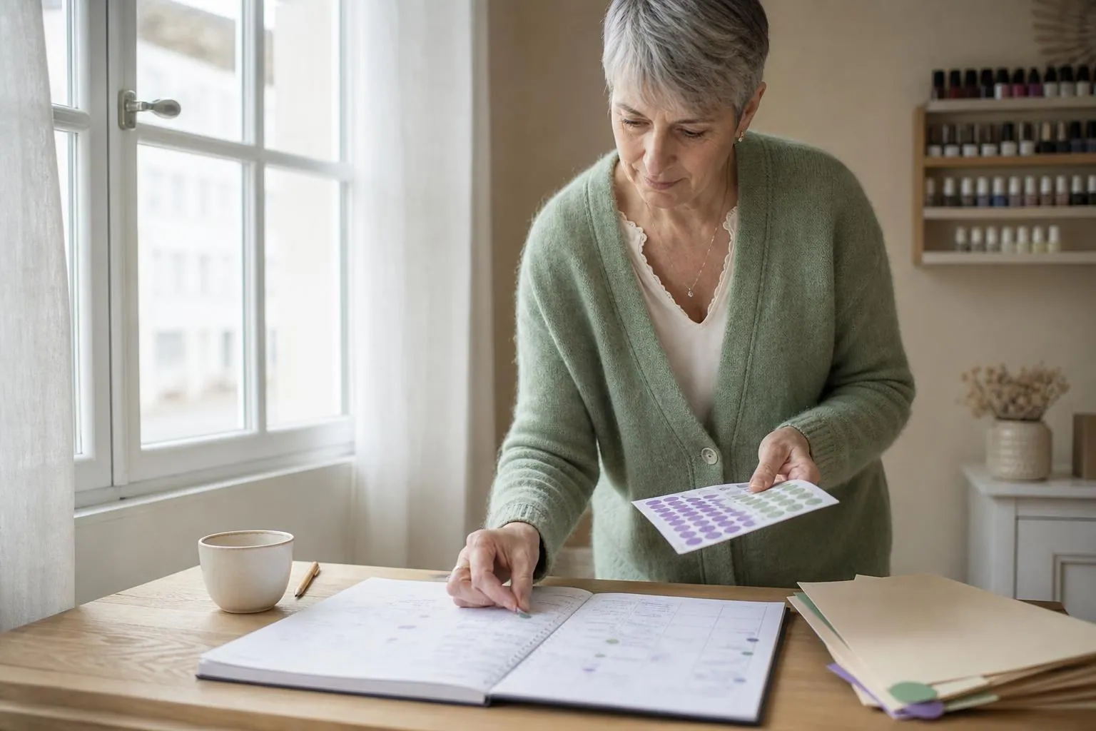 Prothésiste ongulaire debout près d’une fenêtre, plaçant des pastilles de couleur sur les semaines d’un agenda papier ouvert