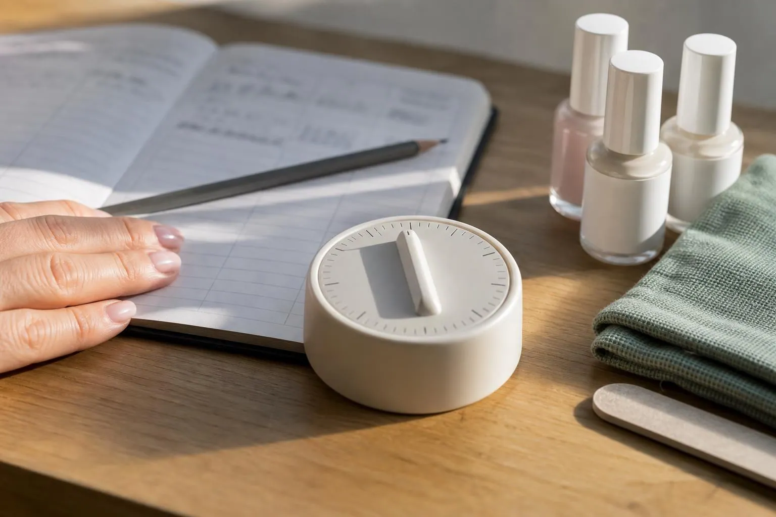 Minuteur mécanique blanc, carnet à colonnes et crayon posés sur une table de pose claire, à côté de flacons rangés