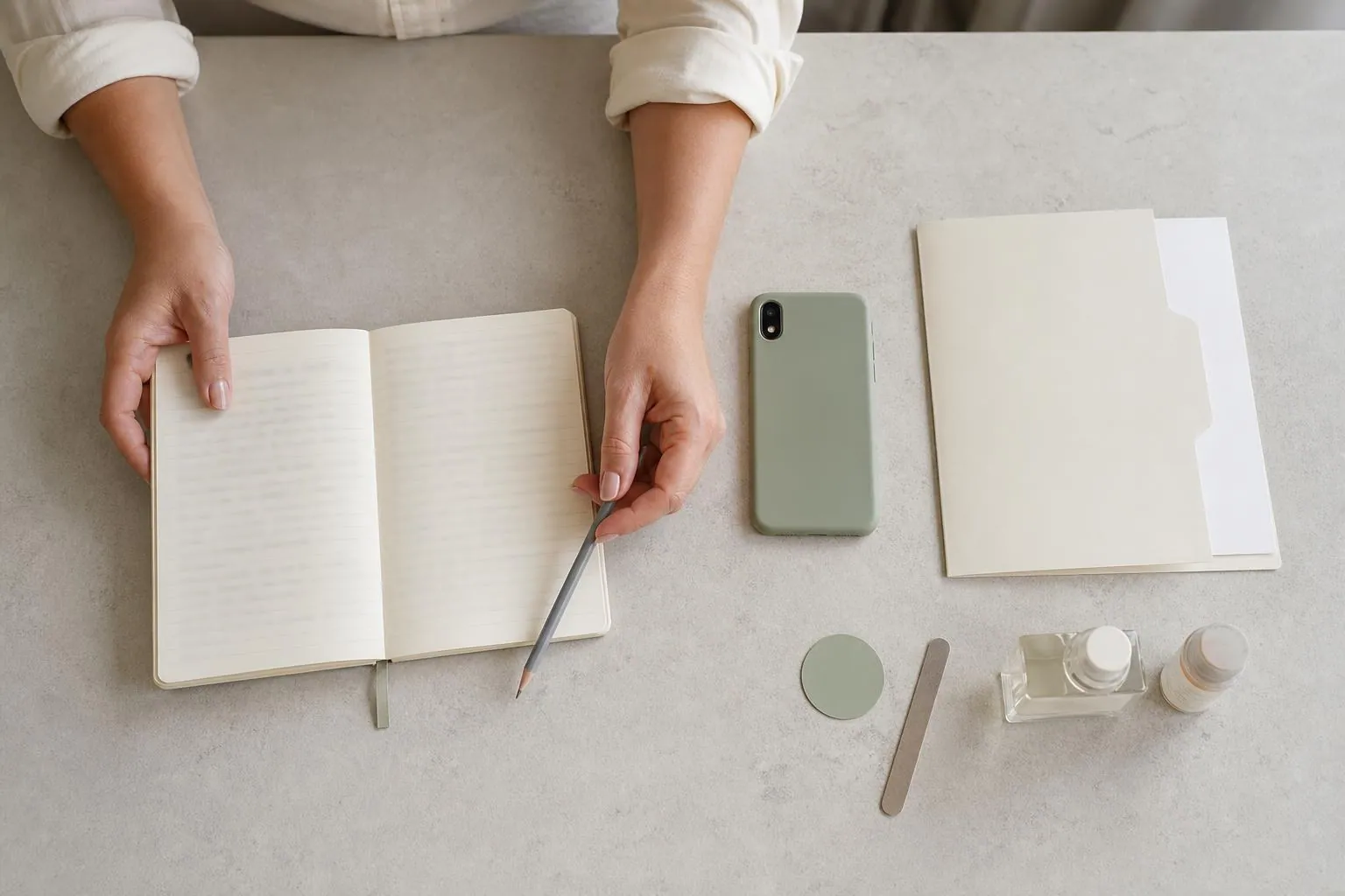Vue de dessus d’un plan de travail avec un cahier ivoire ouvert, un téléphone posé écran contre la table et une pochette cartonnée à onglet