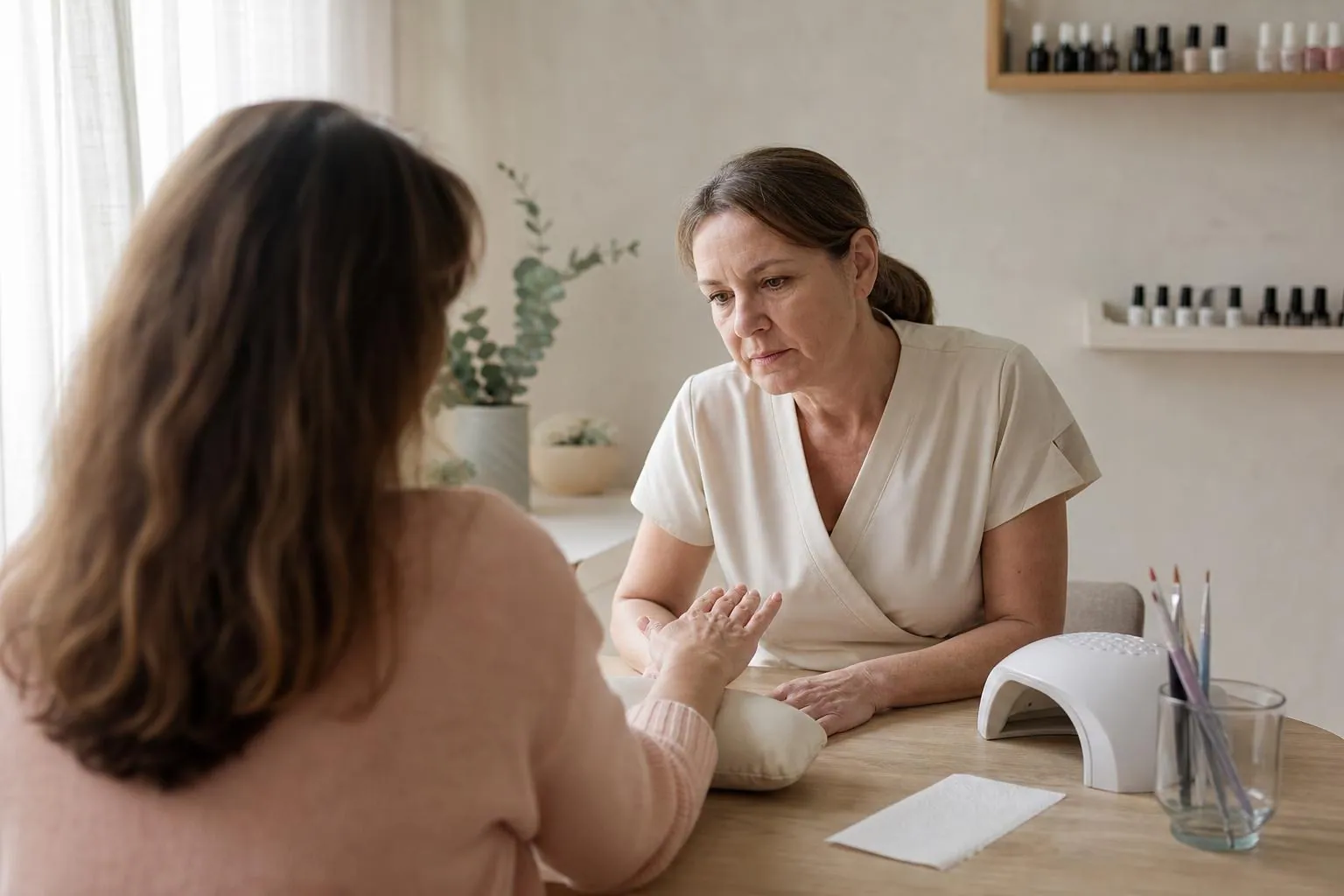 Prothésiste ongulaire assise à sa table de pose, écoutant une cliente vue de dos qui lui présente sa main ouverte