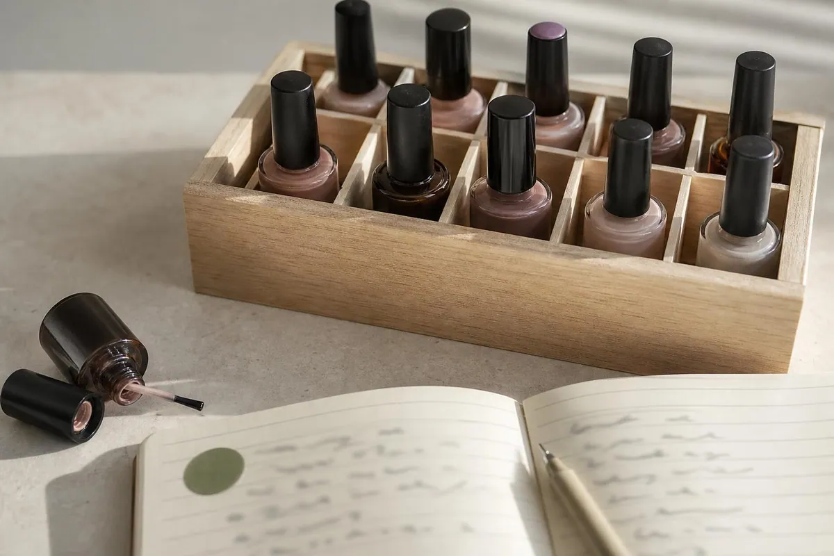 Casier en bois clair garni de flacons de vernis rangés debout, un flacon ouvert couché devant et un carnet manuscrit ouvert avec son stylo